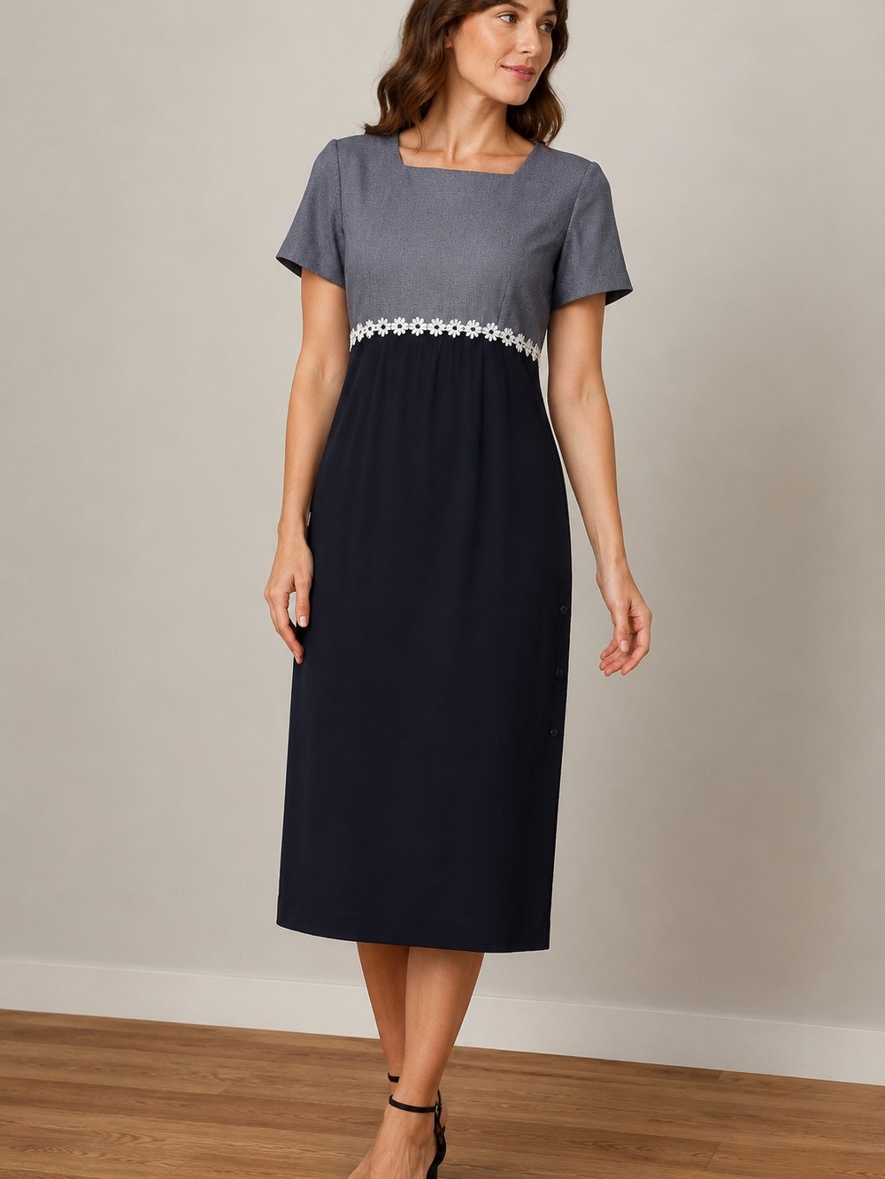 NEW VINTAGE 90s Size 16 Adam Jason Navy Blue Gingham Daisy Floral Midi Dress